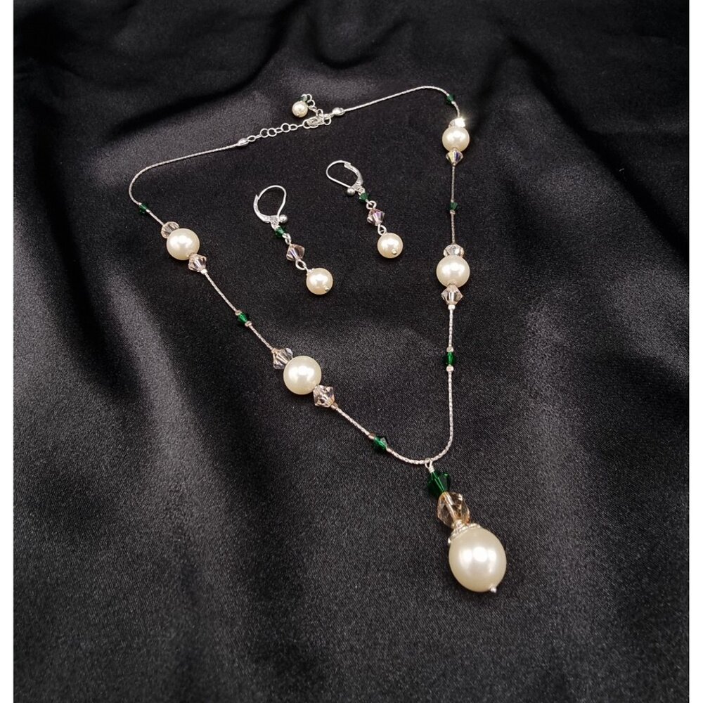 Faux Pearl Necklace & Earrings Set With Green Crystal Accents On Silver Chain Je